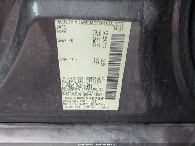 45944900 :رقم المزاد ، 1N4AL3AP9DN549736 vin ، 2013 Nissan Altima 2.5 S مزاد بيع