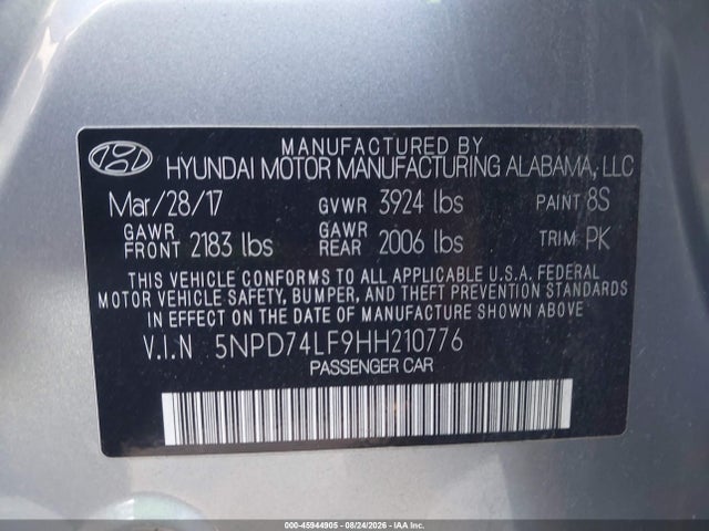 2017 Hyundai Elantra Se მანქანა იყიდება აუქციონზე, vin: 5NPD74LF9HH210776, აუქციონის ნომერი: 45944905