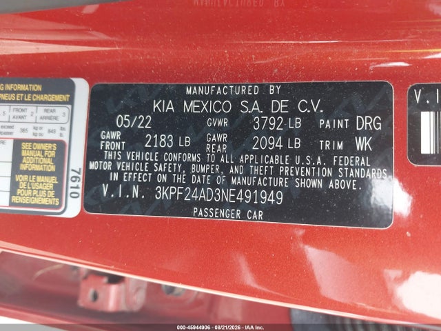 45944906 :رقم المزاد ، 3KPF24AD3NE491949 vin ، 2022 Kia Forte Lxs مزاد بيع