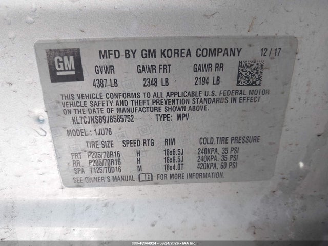Продаж на аукціоні авто 2018 Chevrolet Trax Ls, vin: KL7CJNSB9JB585752, номер лоту: 45944924