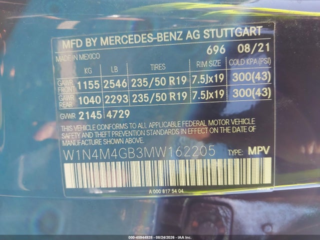 2021 Mercedes-benz Glb 250 მანქანა იყიდება აუქციონზე, vin: W1N4M4GB3MW162205, აუქციონის ნომერი: 45944928