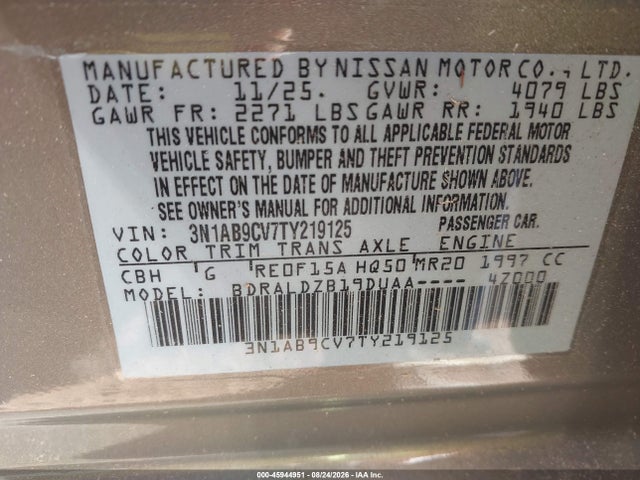 Продаж на аукціоні авто 2026 Nissan Sentra Sv, vin: 3N1AB9CV7TY219125, номер лоту: 45944951