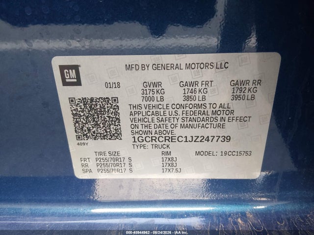 45944962 :رقم المزاد ، 1GCRCREC1JZ247739 vin ، 2018 Chevrolet Silverado 1500 1lt مزاد بيع