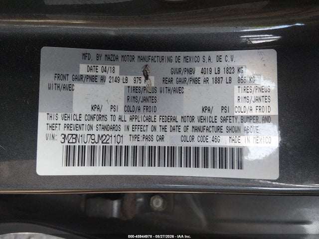 Продаж на аукціоні авто 2018 Mazda Mazda3 Sport, vin: 3MZBN1U79JM221101, номер лоту: 45944978