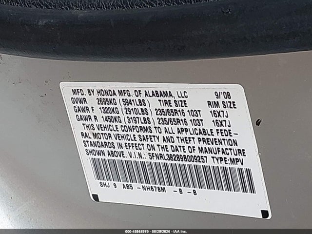 2009 Honda Odyssey Lx მანქანა იყიდება აუქციონზე, vin: 5FNRL38289B009257, აუქციონის ნომერი: 45944979
