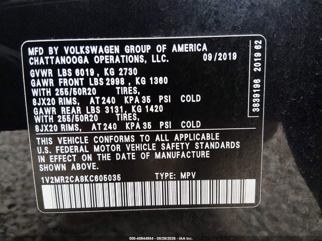 2019 Volkswagen Atlas 3.6l V6 Sel მანქანა იყიდება აუქციონზე, vin: 1V2MR2CA8KC605035, აუქციონის ნომერი: 45944984