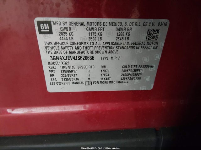 45944997 :رقم المزاد ، 3GNAXJEV4JS620636 vin ، 2018 Chevrolet Equinox Lt مزاد بيع