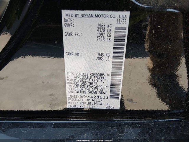 45945000 :رقم المزاد ، 1N4BL4DV0SN428613 vin ، 2025 Nissan Altima Sv Fwd مزاد بيع