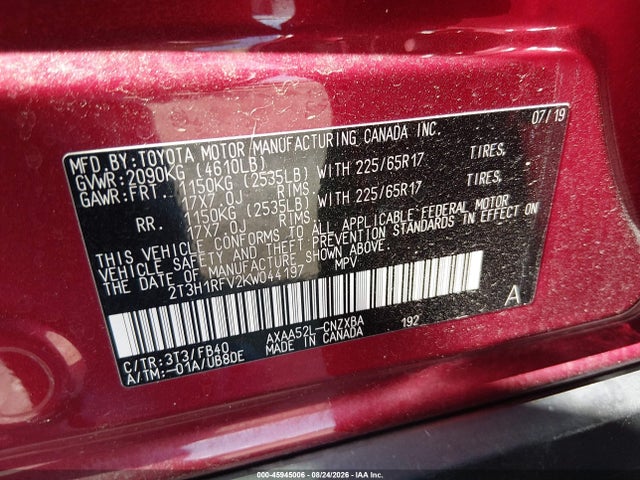 Aukcja sprzedaży 2019 Toyota Rav4 Le, vin: 2T3H1RFV2KW044197, numer aukcji: 45945006