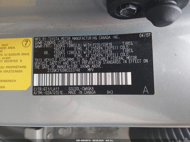 Продаж на аукціоні авто 2008 Lexus Rx 350, vin: 2T2GK31U98C033748, номер лоту: 45945019