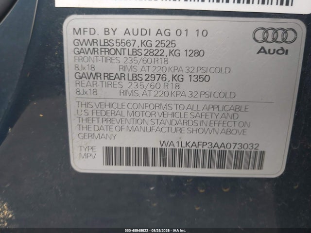 45945022 :رقم المزاد ، WA1LKAFP3AA073032 vin ، 2010 Audi Q5 3.2 Premium مزاد بيع