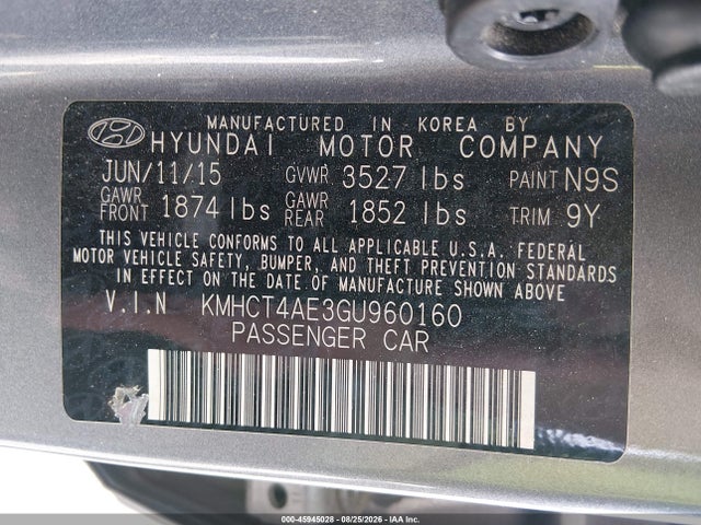 45945028 :رقم المزاد ، KMHCT4AE3GU960160 vin ، 2016 Hyundai Accent Se مزاد بيع