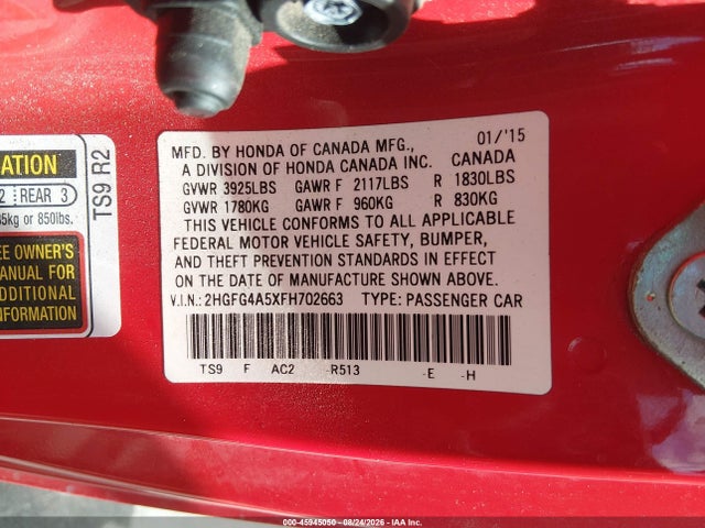 2015 Honda Civic Si მანქანა იყიდება აუქციონზე, vin: 2HGFG4A5XFH702663, აუქციონის ნომერი: 45945050