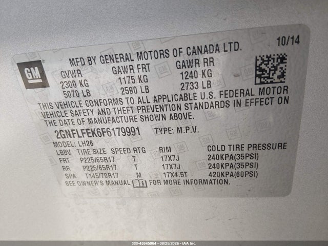 2015 Chevrolet Equinox Lt მანქანა იყიდება აუქციონზე, vin: 2GNFLFEK6F6179991, აუქციონის ნომერი: 45945064