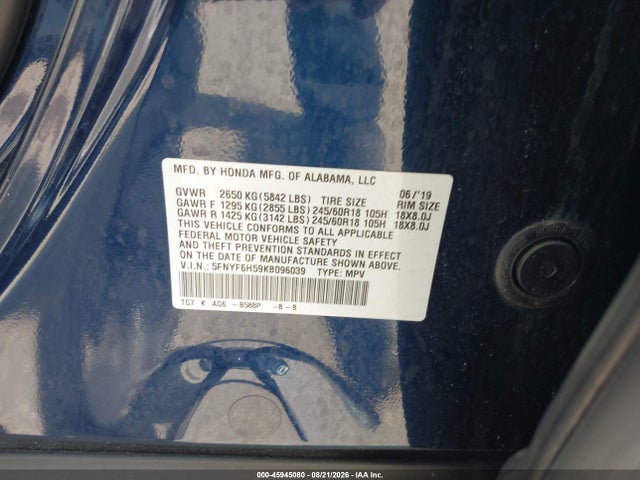 45945080 :رقم المزاد ، 5FNYF6H59KB096039 vin ، 2019 Honda Pilot Ex-l مزاد بيع