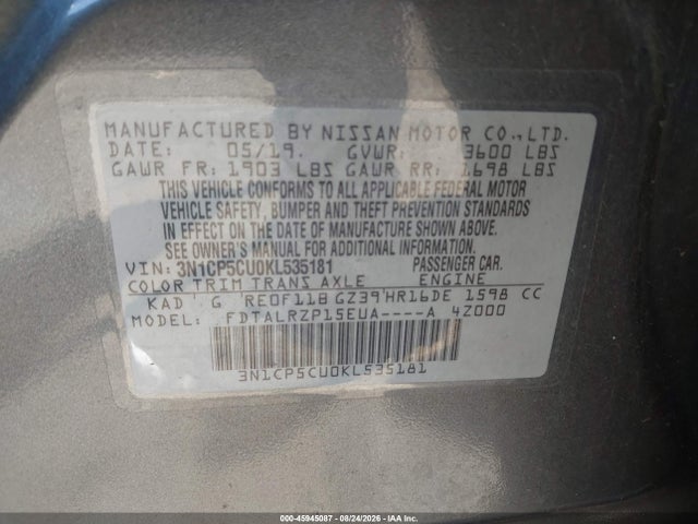 45945087 :رقم المزاد ، 3N1CP5CU0KL535181 vin ، 2019 Nissan Kicks S مزاد بيع