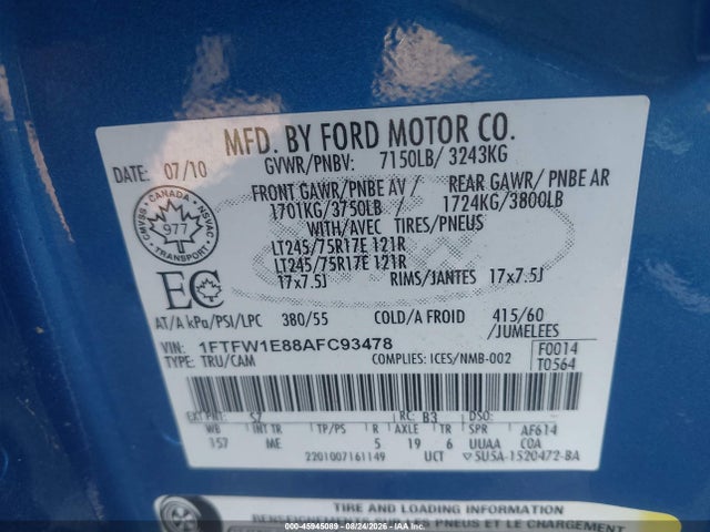 45945089 :رقم المزاد ، 1FTFW1E88AFC93478 vin ، 2010 Ford F-150 Xlt مزاد بيع