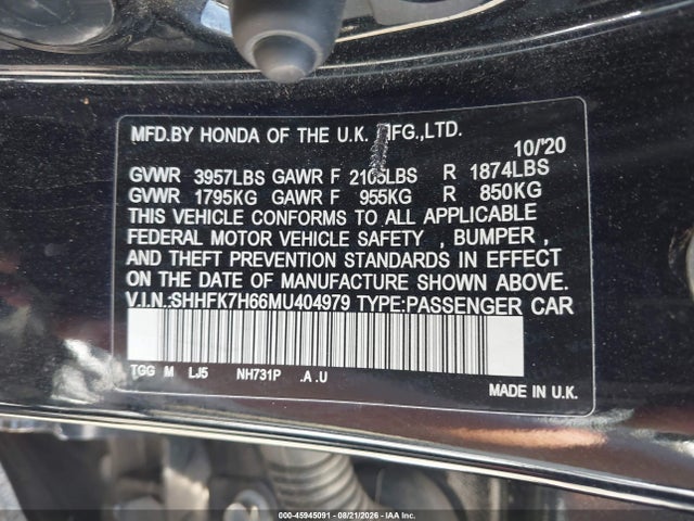 45945091 :رقم المزاد ، SHHFK7H66MU404979 vin ، 2021 Honda Civic Ex مزاد بيع