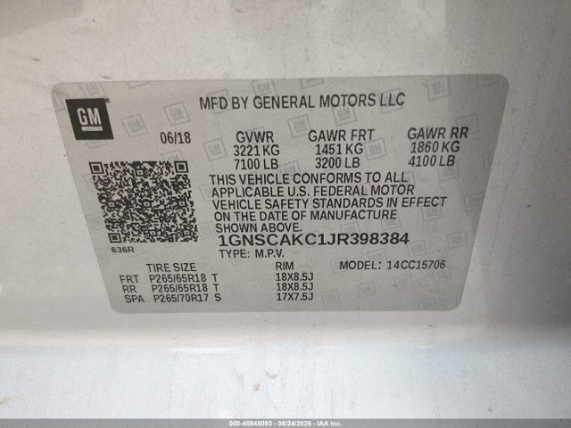 45945093 :رقم المزاد ، 1GNSCAKC1JR398384 vin ، 2018 Chevrolet Tahoe Ls مزاد بيع
