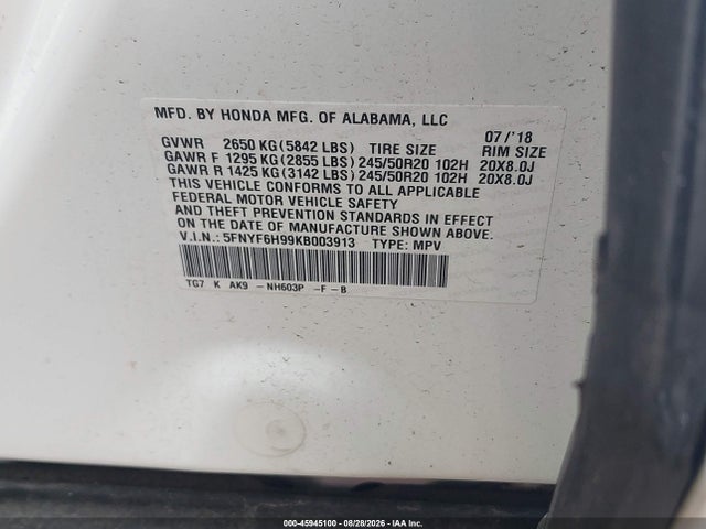 2019 Honda Pilot Touring მანქანა იყიდება აუქციონზე, vin: 5FNYF6H99KB003913, აუქციონის ნომერი: 45945100