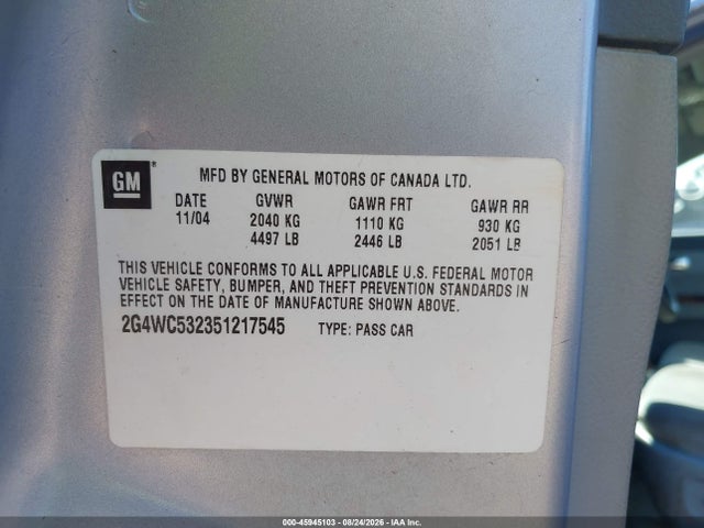 Продаж на аукціоні авто 2005 Buick Lacrosse Cx, vin: 2G4WC532351217545, номер лоту: 45945103