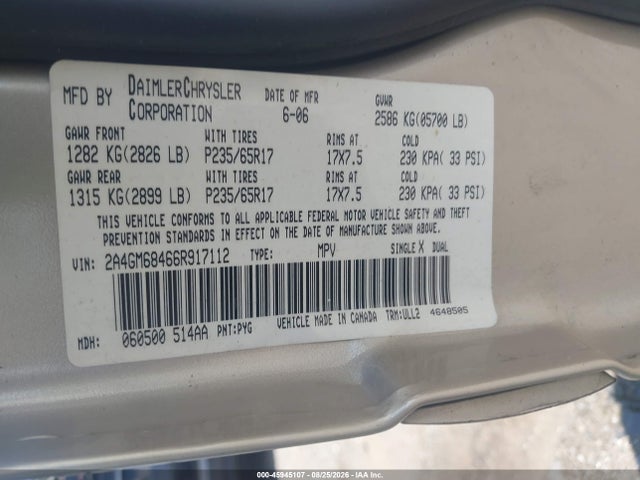 Aukcja sprzedaży 2006 Chrysler Pacifica Touring, vin: 2A4GM68466R917112, numer aukcji: 45945107