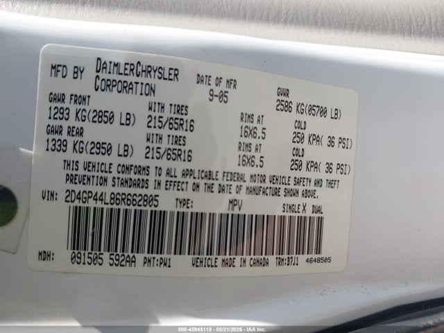 Aukcja sprzedaży 2006 Dodge Grand Caravan Sxt, vin: 2D4GP44L86R662805, numer aukcji: 45945115