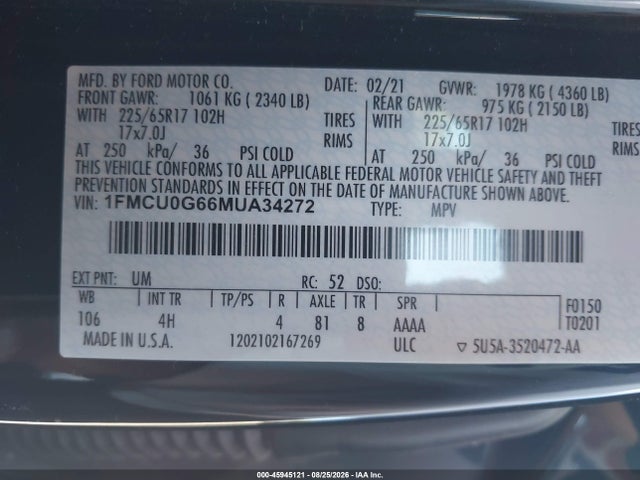 2021 Ford Escape Se მანქანა იყიდება აუქციონზე, vin: 1FMCU0G66MUA34272, აუქციონის ნომერი: 45945121
