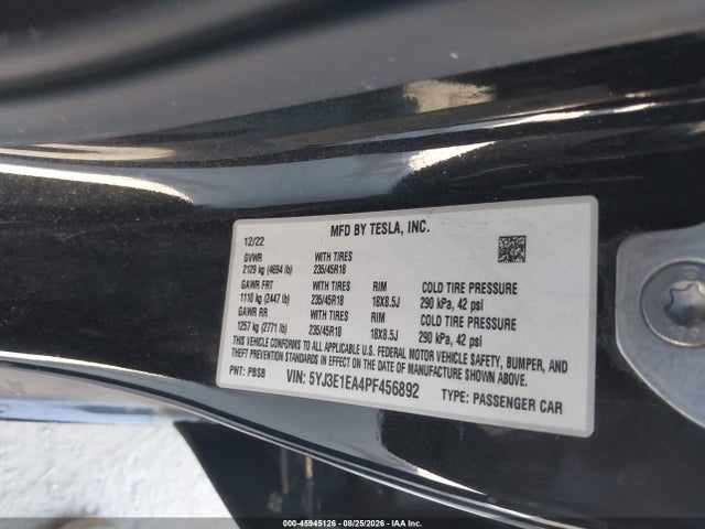 Продажа на аукционе авто 2023 Tesla Model 3 Rear-wheel Drive, vin: 5YJ3E1EA4PF456892, номер лота: 45945126