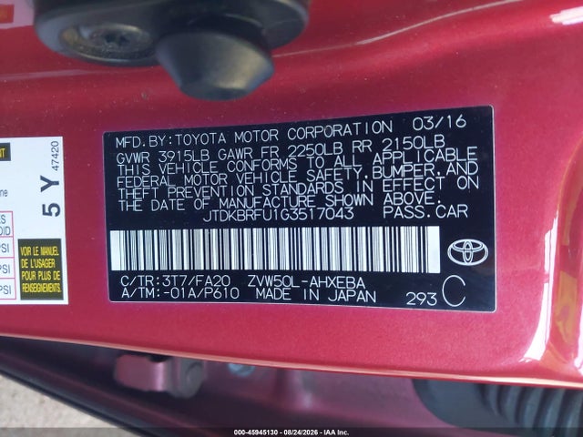 2016 Toyota Prius Two მანქანა იყიდება აუქციონზე, vin: JTDKBRFU1G3517043, აუქციონის ნომერი: 45945130