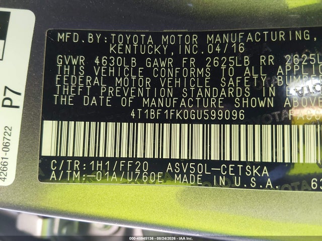 45945136 :رقم المزاد ، 4T1BF1FK0GU599096 vin ، 2016 Toyota Camry Se مزاد بيع
