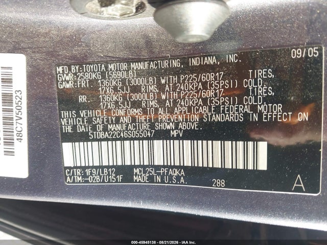 2006 Toyota Sienna Xle Limited მანქანა იყიდება აუქციონზე, vin: 5TDBA22C46S055047, აუქციონის ნომერი: 45945138