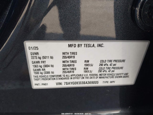 Продажа на аукционе авто 2025 Tesla Model Y Long Range Dual Motor Rear-wheel Drive, vin: 7SAYGDED3SA369005, номер лота: 45945151