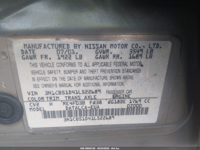 Продажа на аукционе авто 2001 Nissan Sentra Xe, vin: 3N1CB51D41L522689, номер лота: 45945158