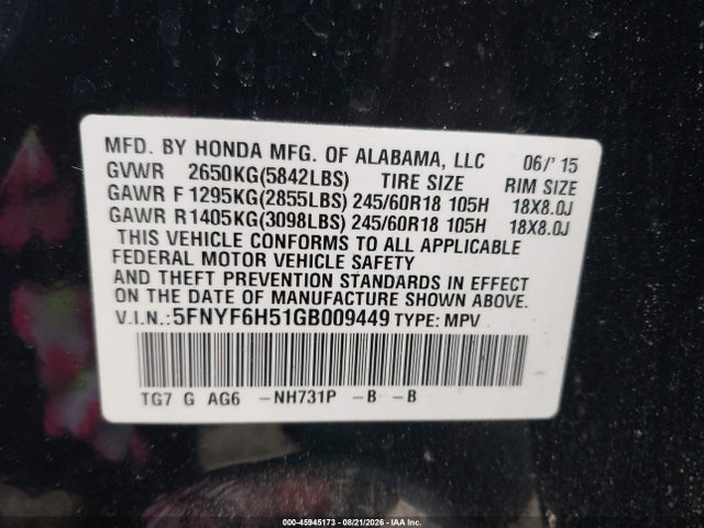 Honda Pilot Ex-l 2016 5FNYF6H51GB009449 Image 9