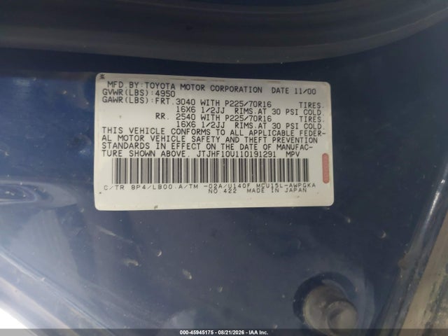 2001 Lexus Rx 300 მანქანა იყიდება აუქციონზე, vin: JTJHF10U110191291, აუქციონის ნომერი: 45945175
