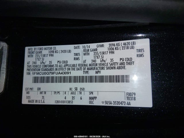 Ford ESCAPE SE 2015 1FMCU0G79FUA43091 Image 9