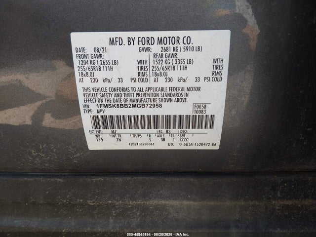 Продажа на аукционе авто 2021 Ford Explorer, vin: 1FMSK8BB2MGB72958, номер лота: 45945194