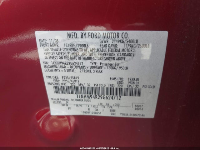45945208 :رقم المزاد ، 1LNHM94R29G624712 vin ، 2009 Lincoln Mks مزاد بيع