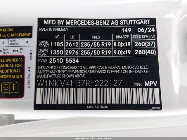 45945211 :رقم المزاد ، W1NKM4HB7RF222127 vin ، 2024 Mercedes-benz Glc 300 4matic Suv مزاد بيع