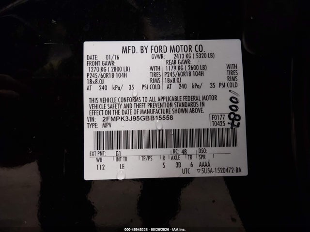 2016 Ford Edge Sel მანქანა იყიდება აუქციონზე, vin: 2FMPK3J95GBB15558, აუქციონის ნომერი: 45945228
