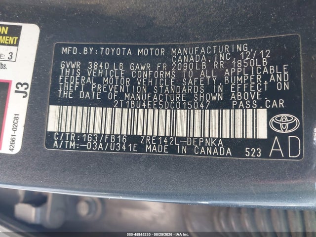 2013 Toyota Corolla Le მანქანა იყიდება აუქციონზე, vin: 2T1BU4EE5DC015047, აუქციონის ნომერი: 45945230