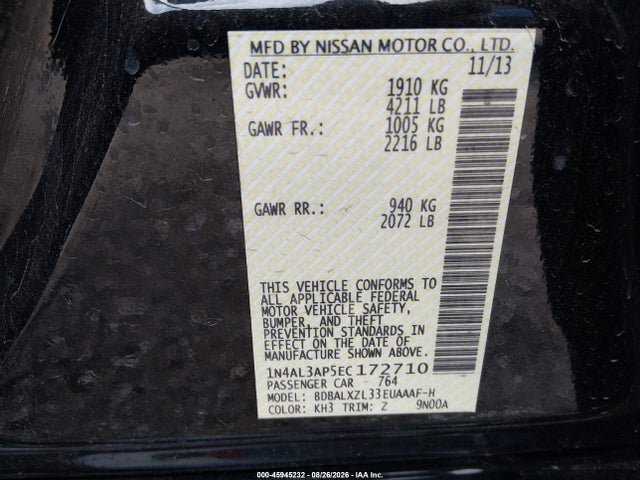 45945232 :رقم المزاد ، 1N4AL3AP5EC172710 vin ، 2014 Nissan Altima 2.5 Sl مزاد بيع