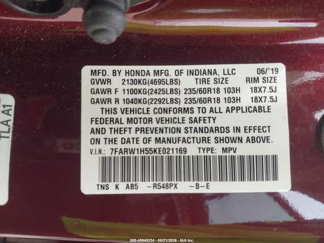 45945234 :رقم المزاد ، 7FARW1H55KE021169 vin ، 2019 Honda Cr-v Ex مزاد بيع