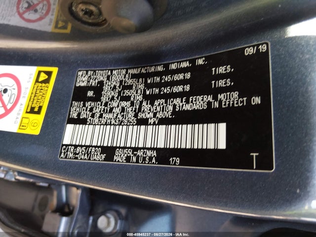 2019 Toyota Highlander Le მანქანა იყიდება აუქციონზე, vin: 5TDBZRFH1KS726255, აუქციონის ნომერი: 45945237