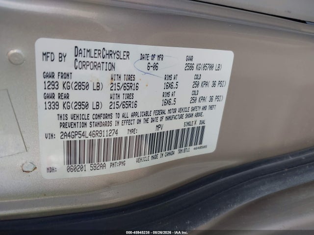 Aukcja sprzedaży 2006 Chrysler Town & Country Touring, vin: 2A4GP54L46R911274, numer aukcji: 45945238