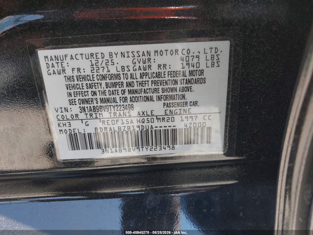 45945270 :رقم المزاد ، 3N1AB9BV9TY223498 vin ، 2026 Nissan Sentra S مزاد بيع