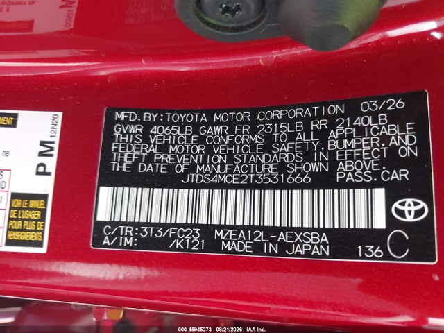 Продаж на аукціоні авто 2026 Toyota Corolla Se, vin: JTDS4MCE2T3531666, номер лоту: 45945273
