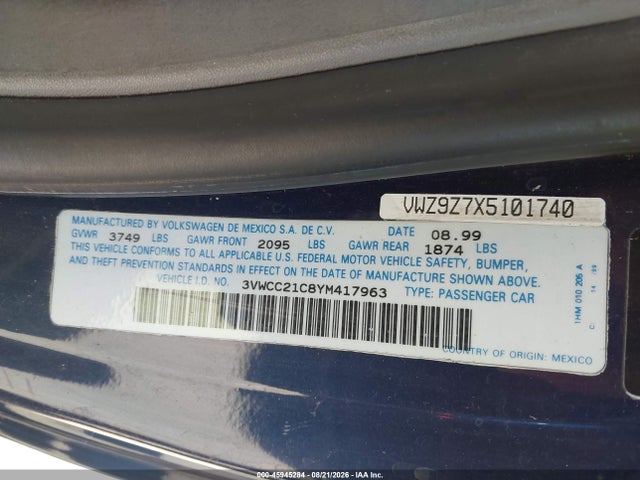 45945284 :رقم المزاد ، 3VWCC21C8YM417963 vin ، 2000 Volkswagen New Beetle Gls مزاد بيع