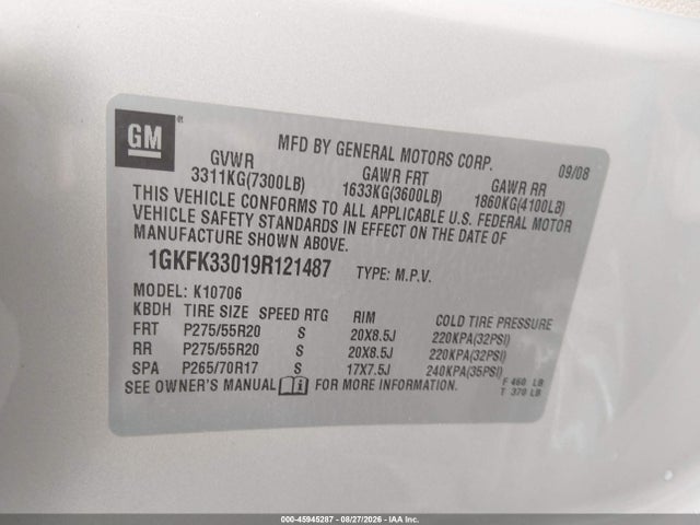 Aukcja sprzedaży 2009 Gmc Yukon Slt2, vin: 1GKFK33019R121487, numer aukcji: 45945287
